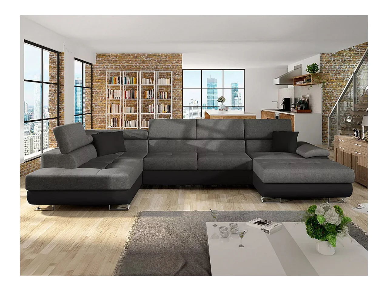 Canapé d'angle Comfivo 190, Gris, Fonction de couchage, Boîte de literie, 345x202x71cm