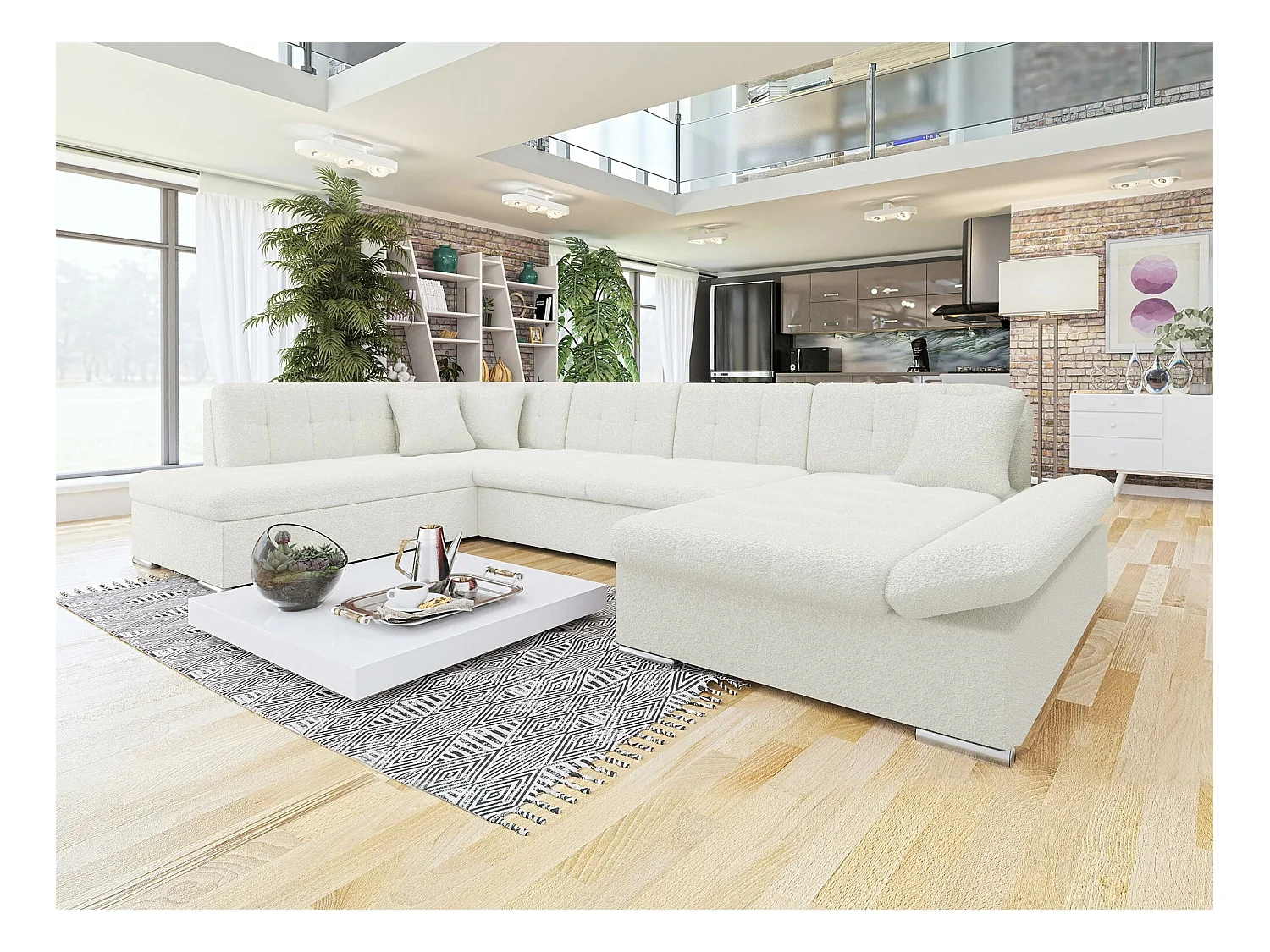 Canapé d'angle Comfivo 173, Blanc, Fonction de couchage, Boîte de literie, 345x205x76cm