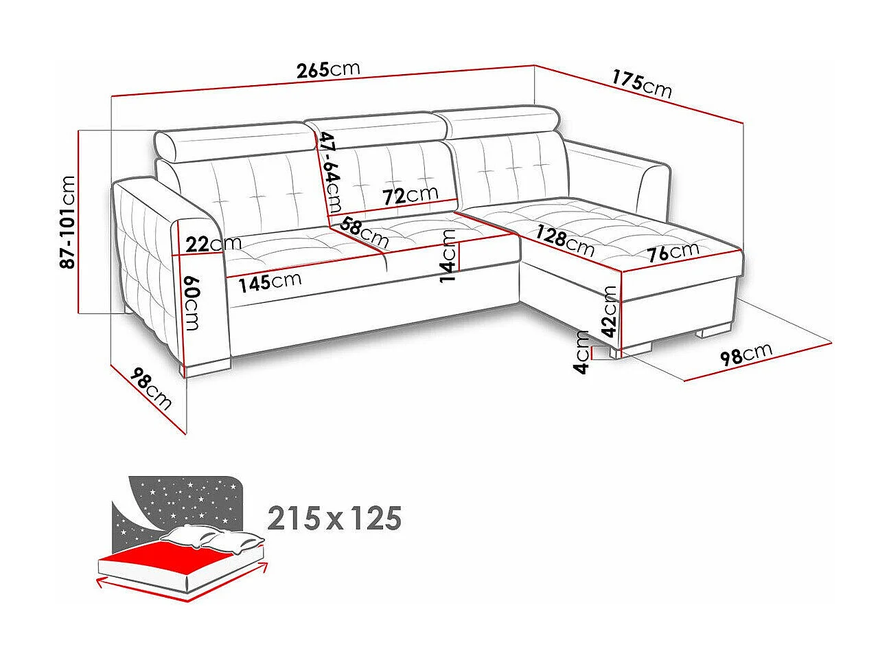 Sofá de canto Temple 123, Azul, Funcionalidade de dormir, 27x18x9cm