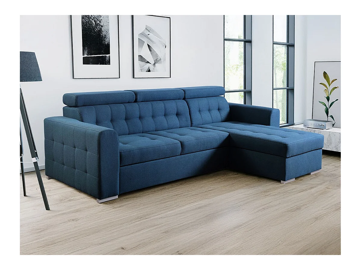 Canapé d'angle Temple 123, Bleu, Fonction de couchage, Boîte de literie, 265x175x87cm