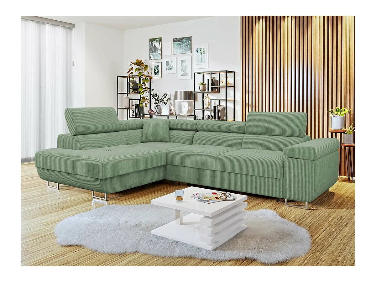 Canapé d'angle Comfivo Eliferu 100, Vert, Fonction de couchage, Boîte de literie, 274cm