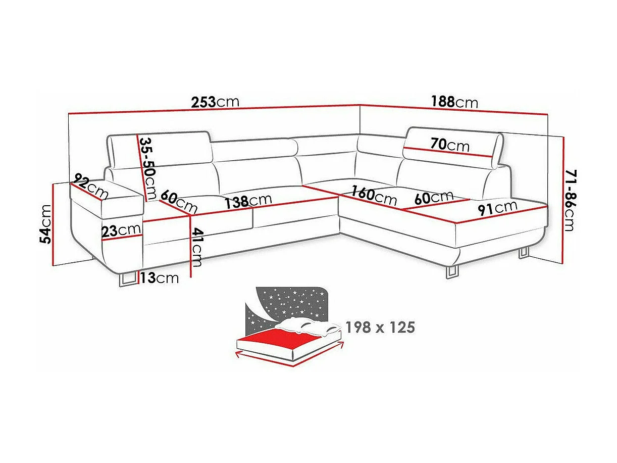 Ecksofa mit Schlaffunktion und Bettkasten - 253x188x71-86 cm - Manila 31 - Seite: Rechts - Fonti