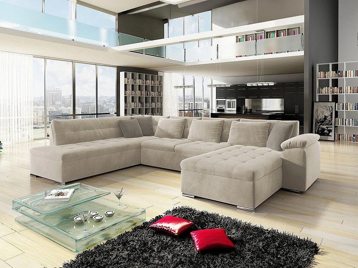 Sofá rinconero Comfivo 114, De color marrón claro, Función de descanso, Almacenaje, 348cm