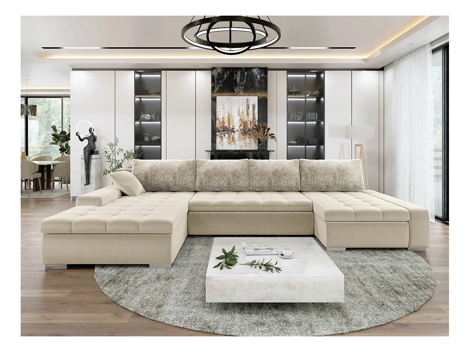 Canapé d'angle Comfivo 248, Brun clair, Fonction de couchage, Boîte de literie, 394x213cm