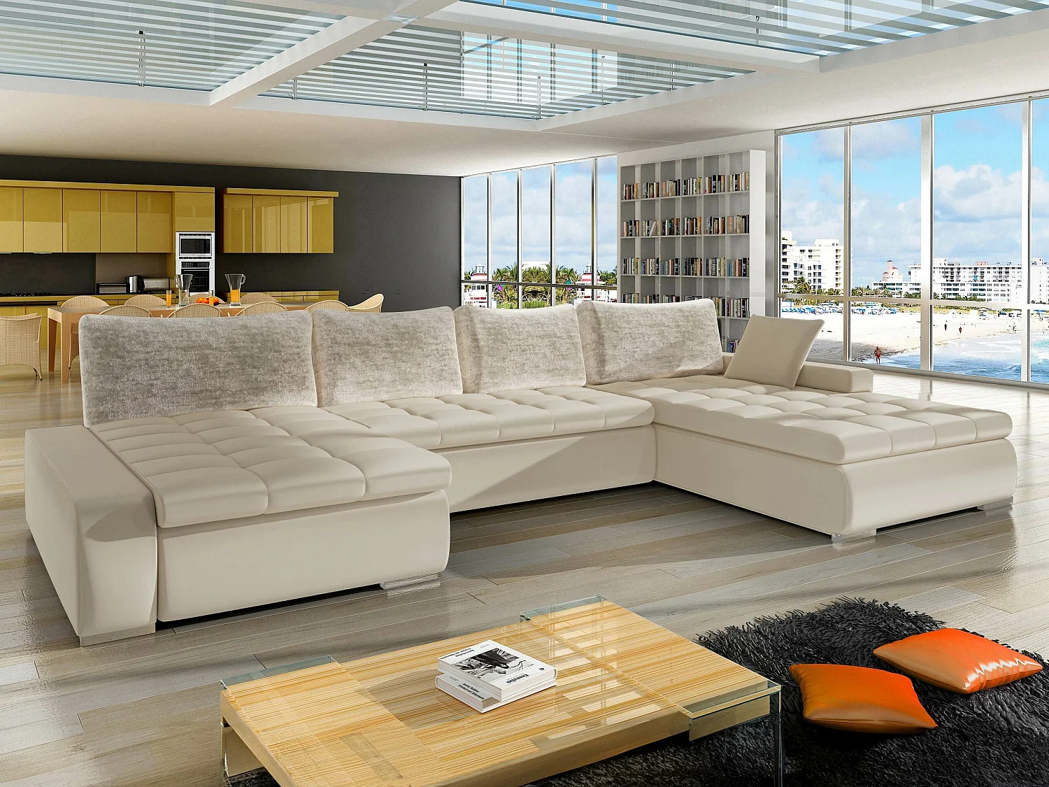 Sofá rinconero Comfivo 248, De color marrón claro, Función de descanso, Almacenaje, 394cm