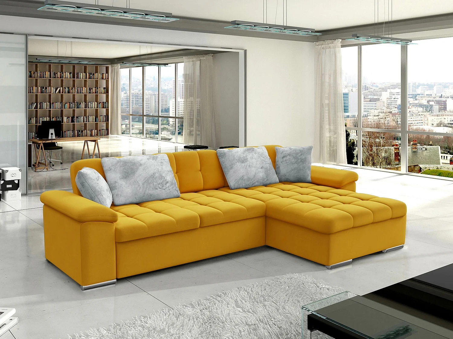 Sofá rinconero Comfivo 181, Amarillo, Función de descanso, Almacenaje, 280x160x76cm