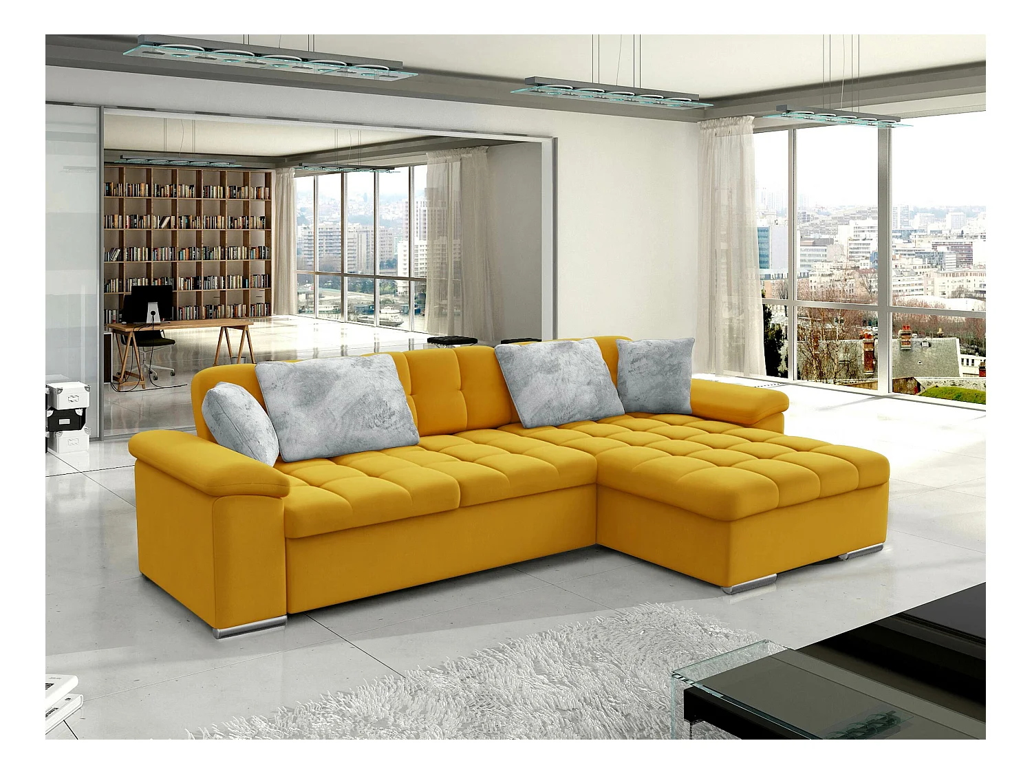 Canapé d'angle Comfivo 181, Jaune, Fonction de couchage, Boîte de literie, 280x160x76cm