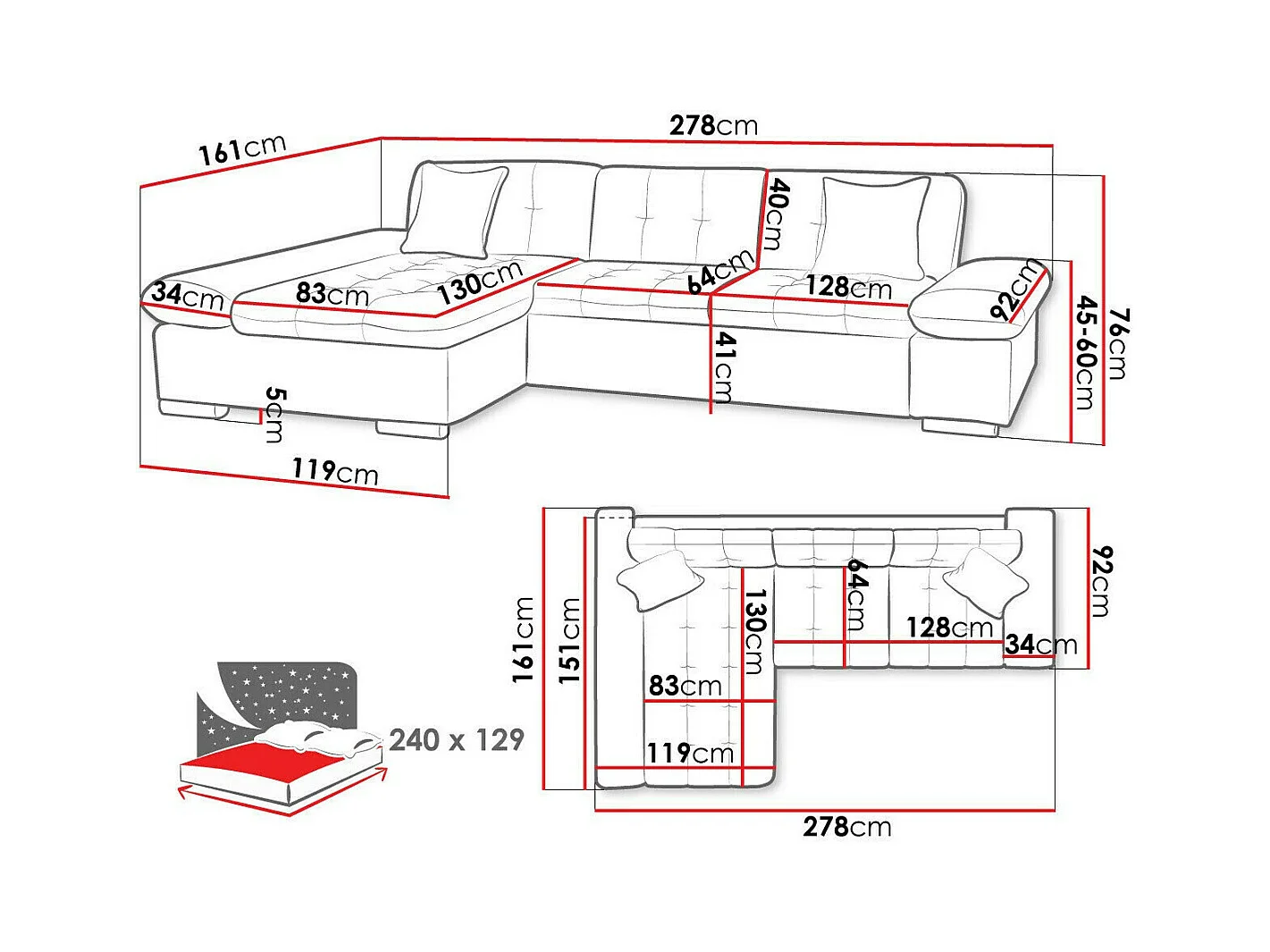 Sofá rinconero Comfivo 151, Gris, Función de descanso, Almacenaje, 278x161x76cm
