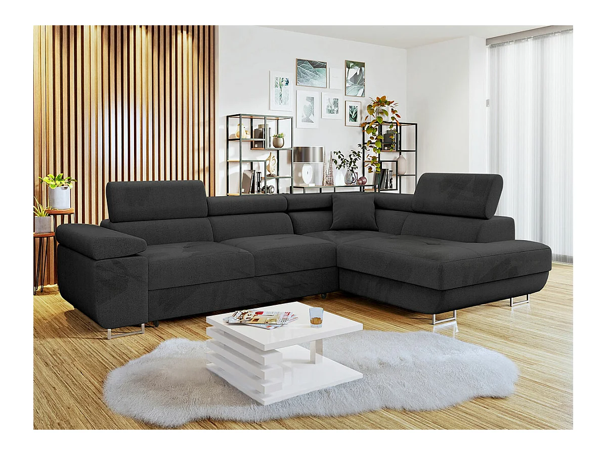 Canapé d'angle Comfivo Eliferu 100, Noir, Fonction de couchage, Boîte de literie, 274cm
