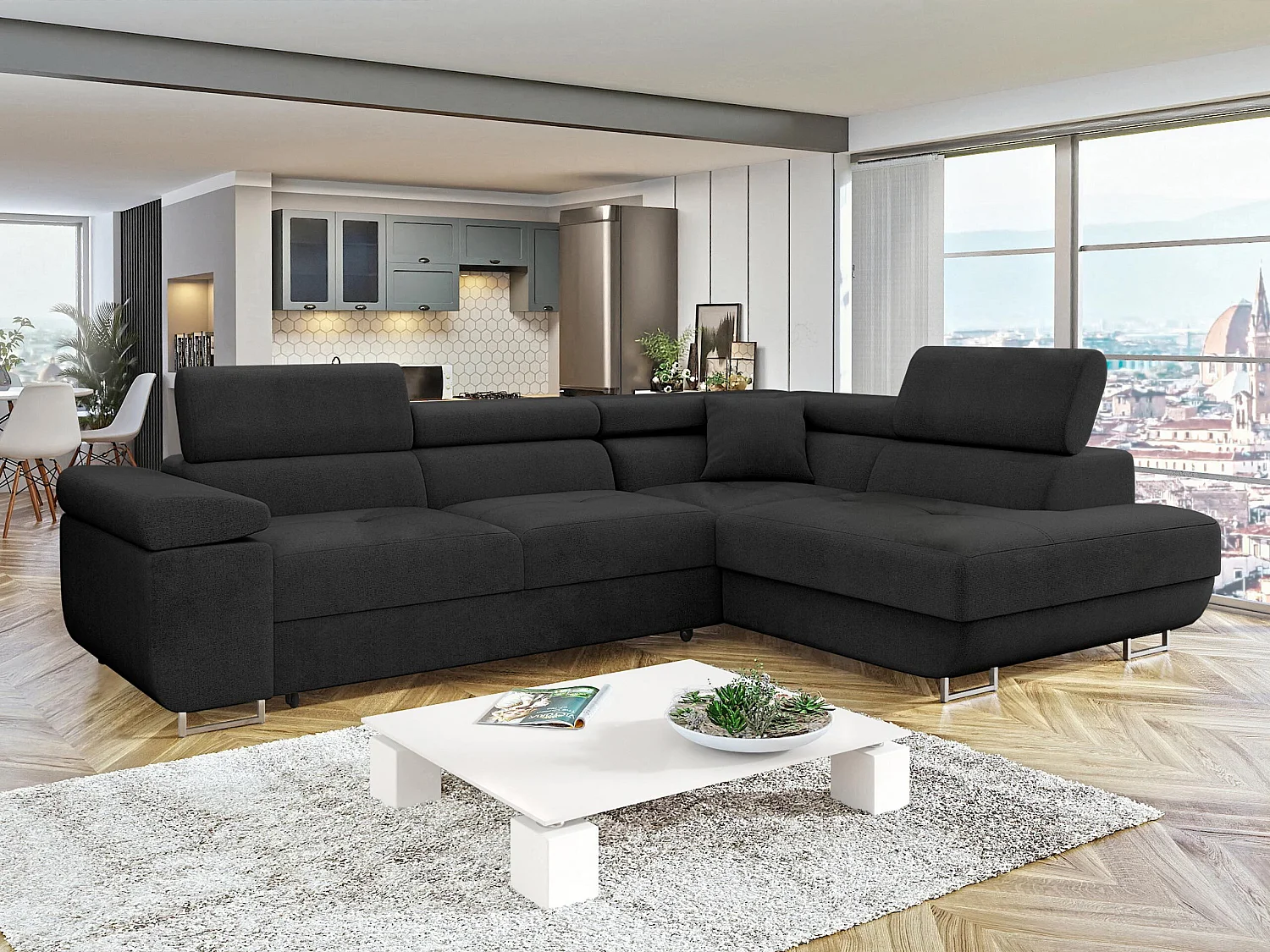 Canapé d'angle Comfivo Vinetum, Noir, Disponible, 274x203x70cm