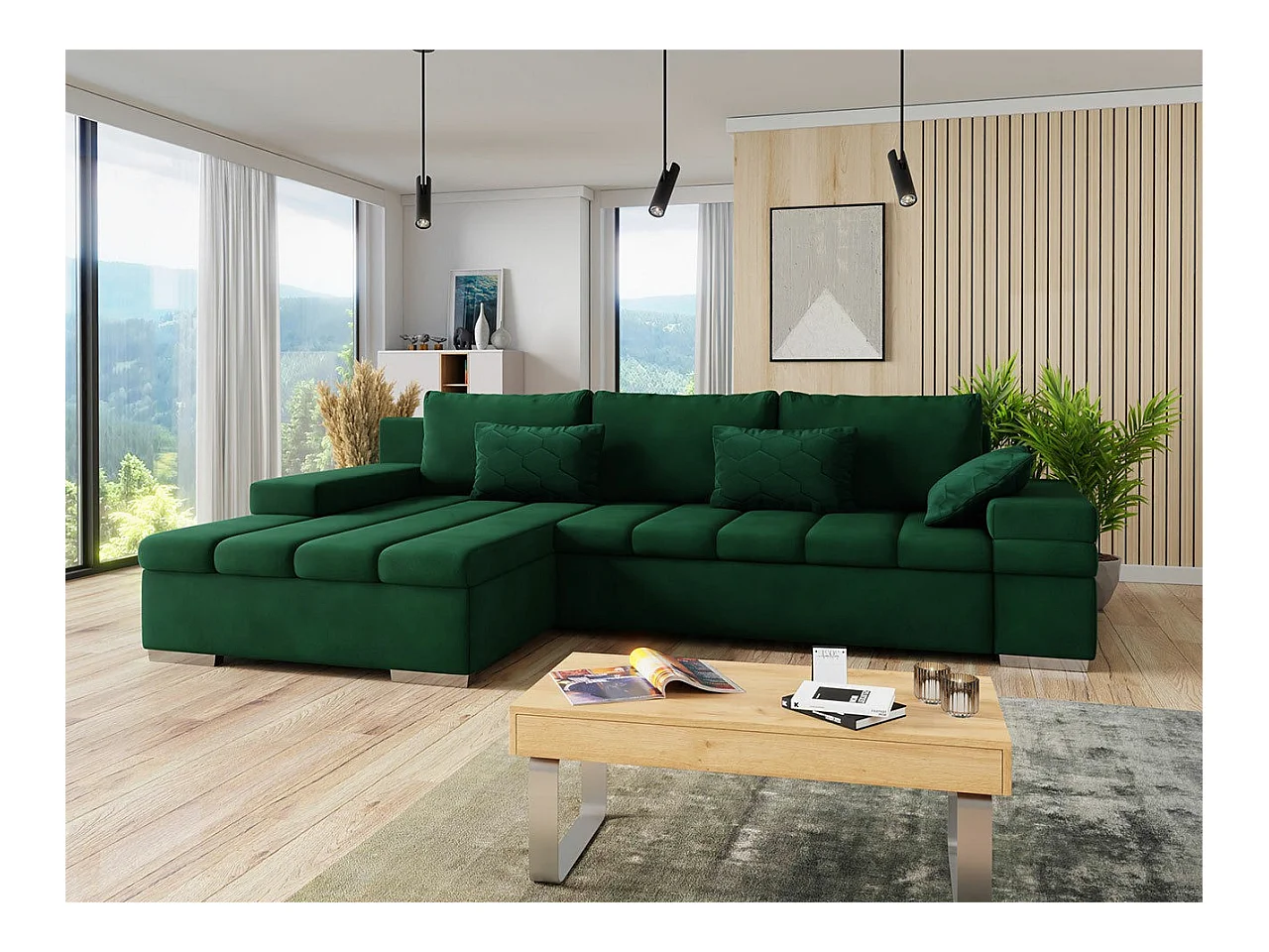 Canapé d'angle Comfivo 169, Vert, Fonction de couchage, Boîte de literie, 310x175x83cm