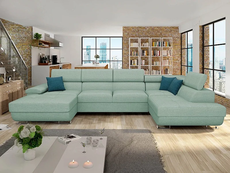 Canapé d'angle Comfivo 241, Turquoise, Fonction de couchage, Boîte de literie, 345x202cm