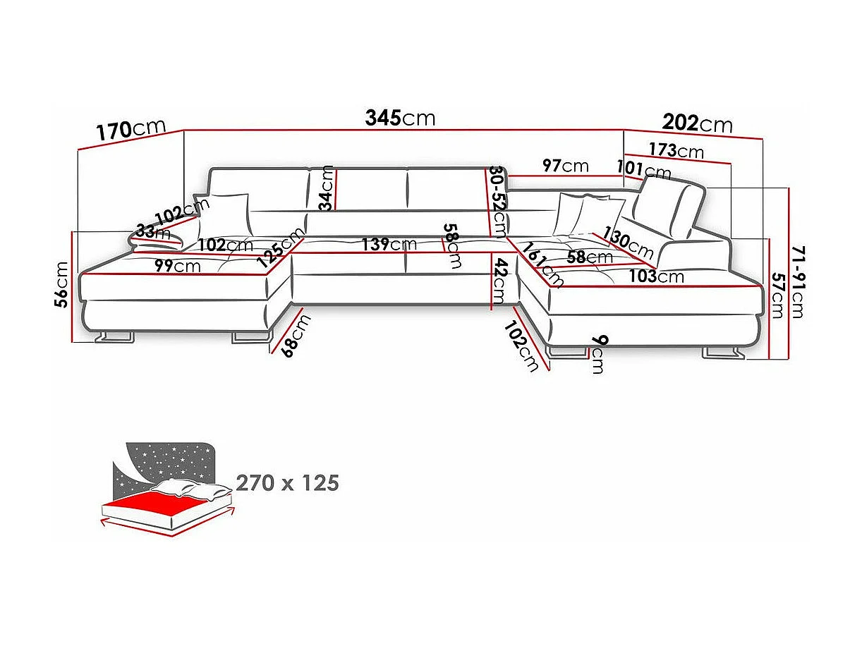 Sofá rinconero Comfivo 241, Turquesa, Función de descanso, Almacenaje, 345x202x71cm