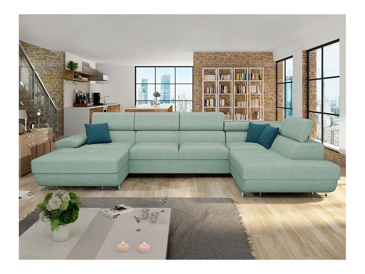 Canapé d'angle Comfivo 241, Turquoise, Fonction de couchage, Boîte de literie, 345x202cm