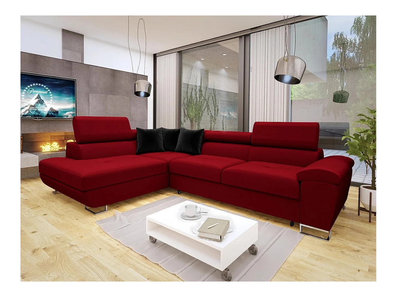 Canapé d'angle Comfivo 166, Rouge, Fonction de couchage, Boîte de literie, 270x202x71cm