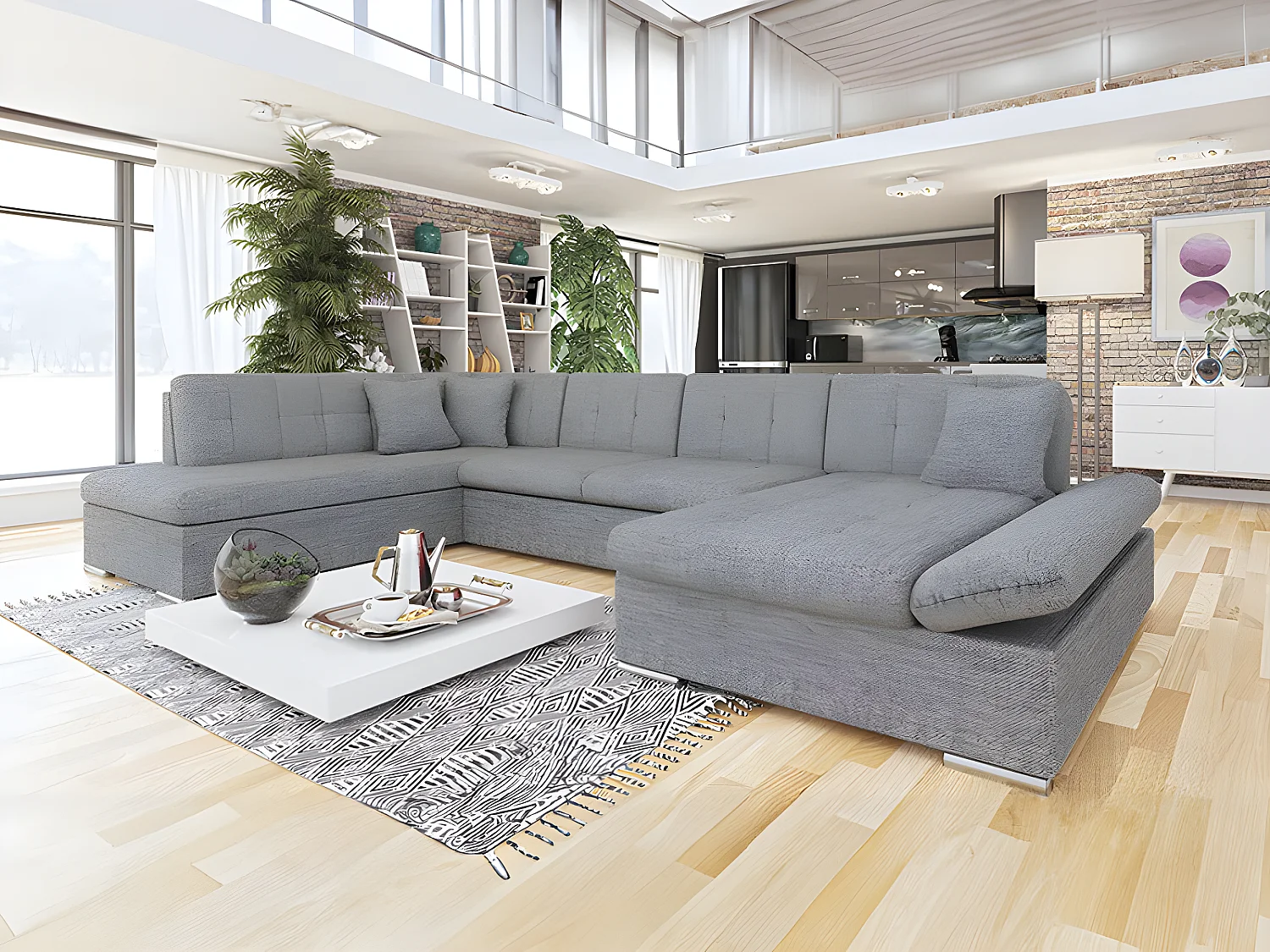 Sofá rinconero Comfivo 150, Gris, Función de descanso, Almacenaje, 345x205x76cm