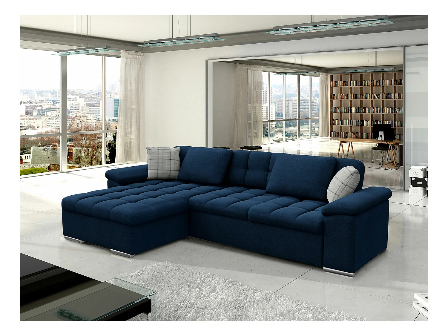 Canapé d'angle Comfivo 107, Bleu, Fonction de couchage, Boîte de literie, 280x160x76cm
