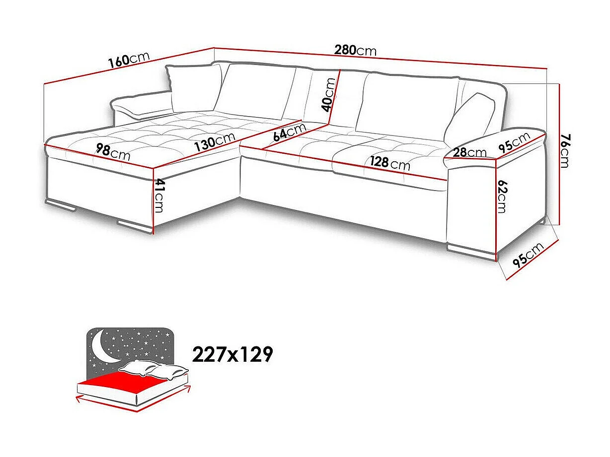 Sofá rinconero Comfivo 107, Azul, Función de descanso, Almacenaje, 280x160x76cm