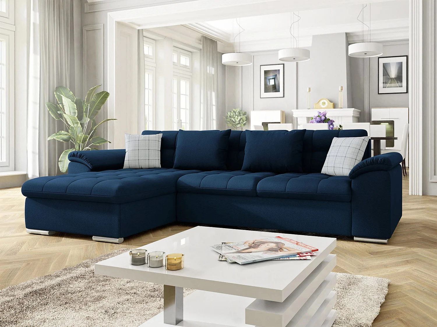 Sofá rinconero Comfivo Mica, Azul, Función de descanso, Almacenaje, 280x160x76cm