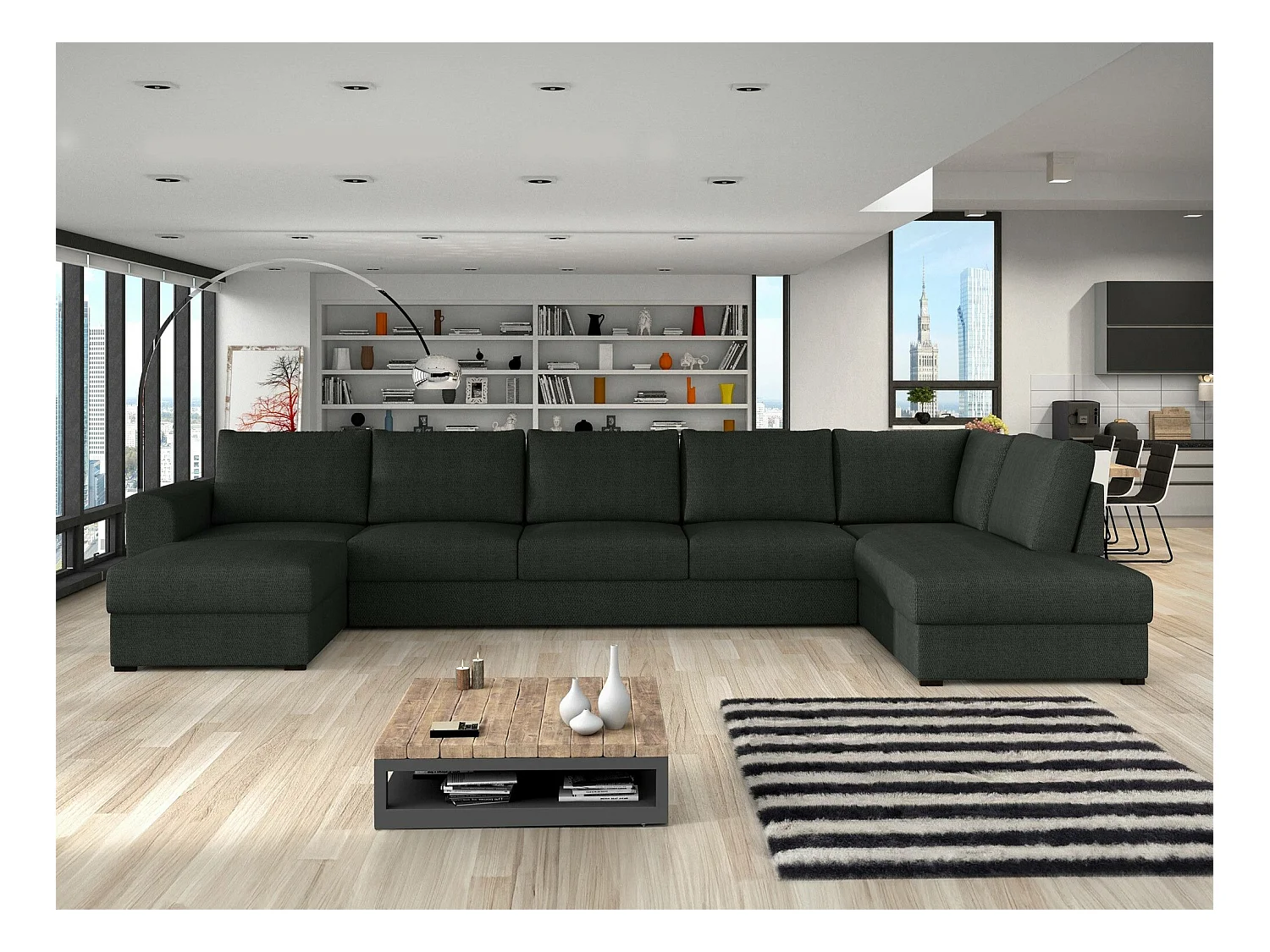 Canapé d'angle Comfivo 191, Noir, Fonction de couchage, Boîte de literie, 370x186x85cm
