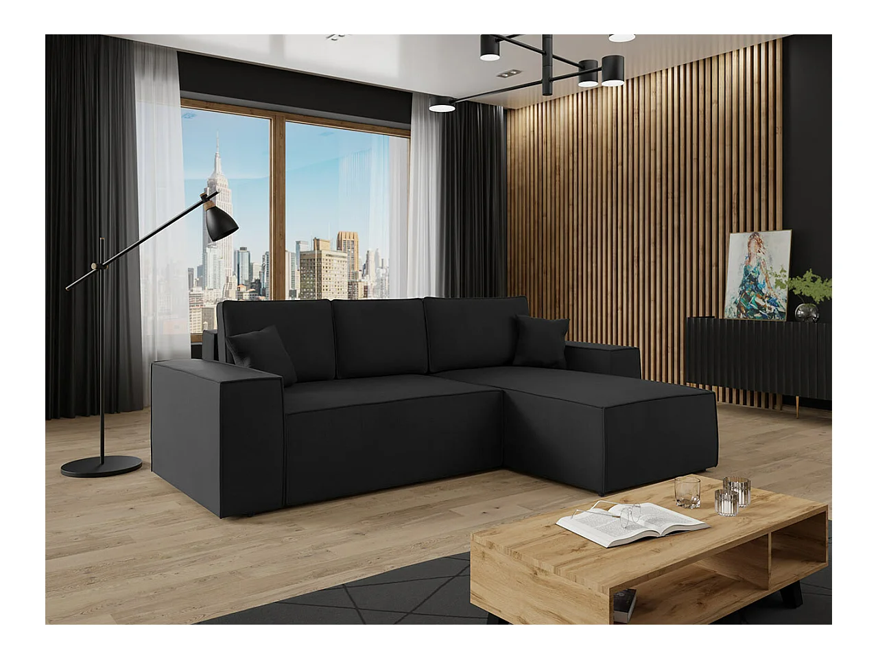 Canapé d'angle Clovis 108, Noir, Fonction de couchage, Boîte de literie, 279x174x94cm
