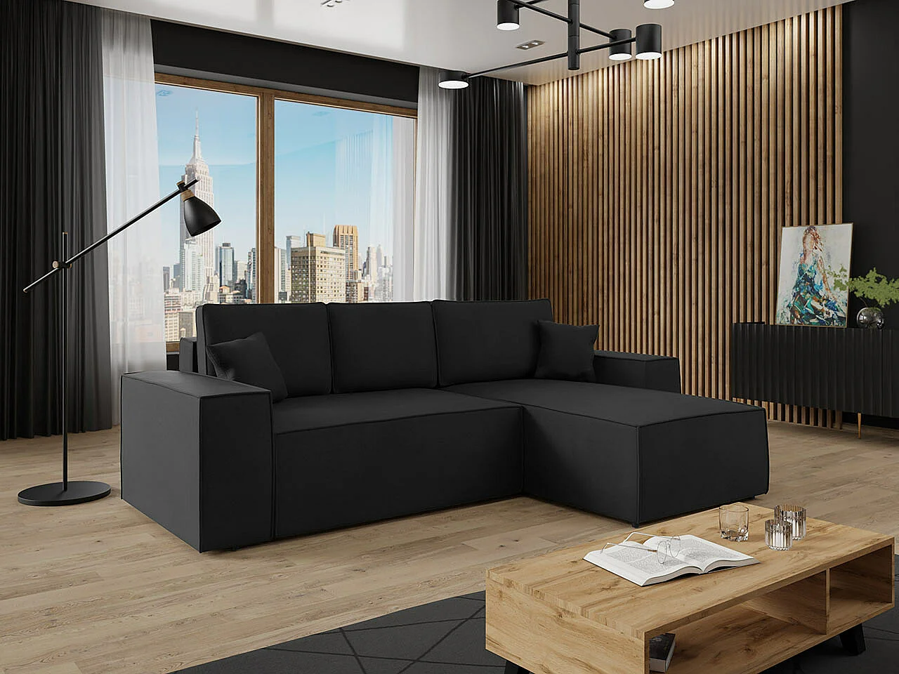 Sofá rinconero Clovis 108, Negro, Función de descanso, Almacenaje, 279x174x94cm