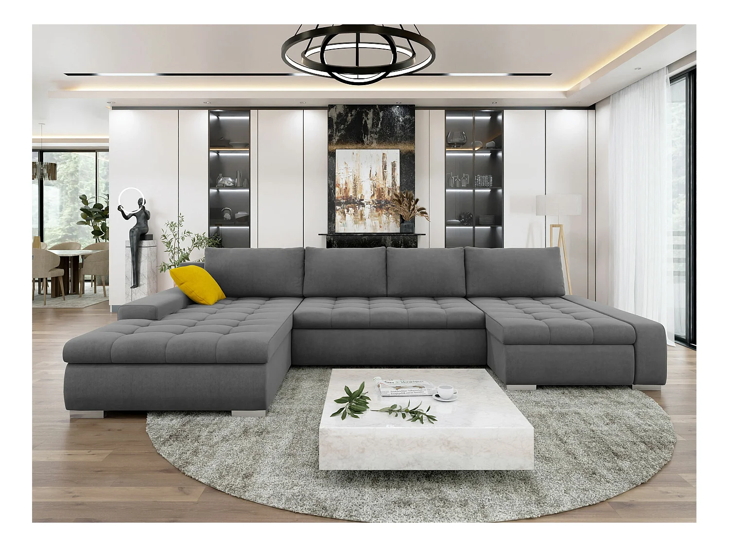 Canapé d'angle Comfivo 106, Gris, Fonction de couchage, Boîte de literie, 394x213x80cm