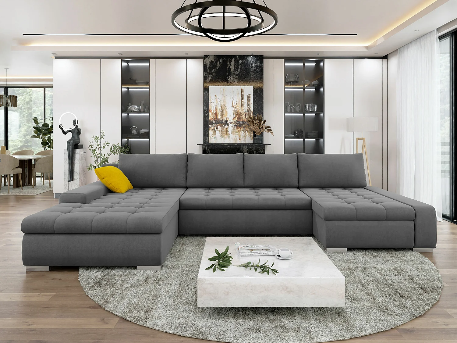 Sofá rinconero Comfivo 106, Gris, Función de descanso, Almacenaje, 394x213x80cm