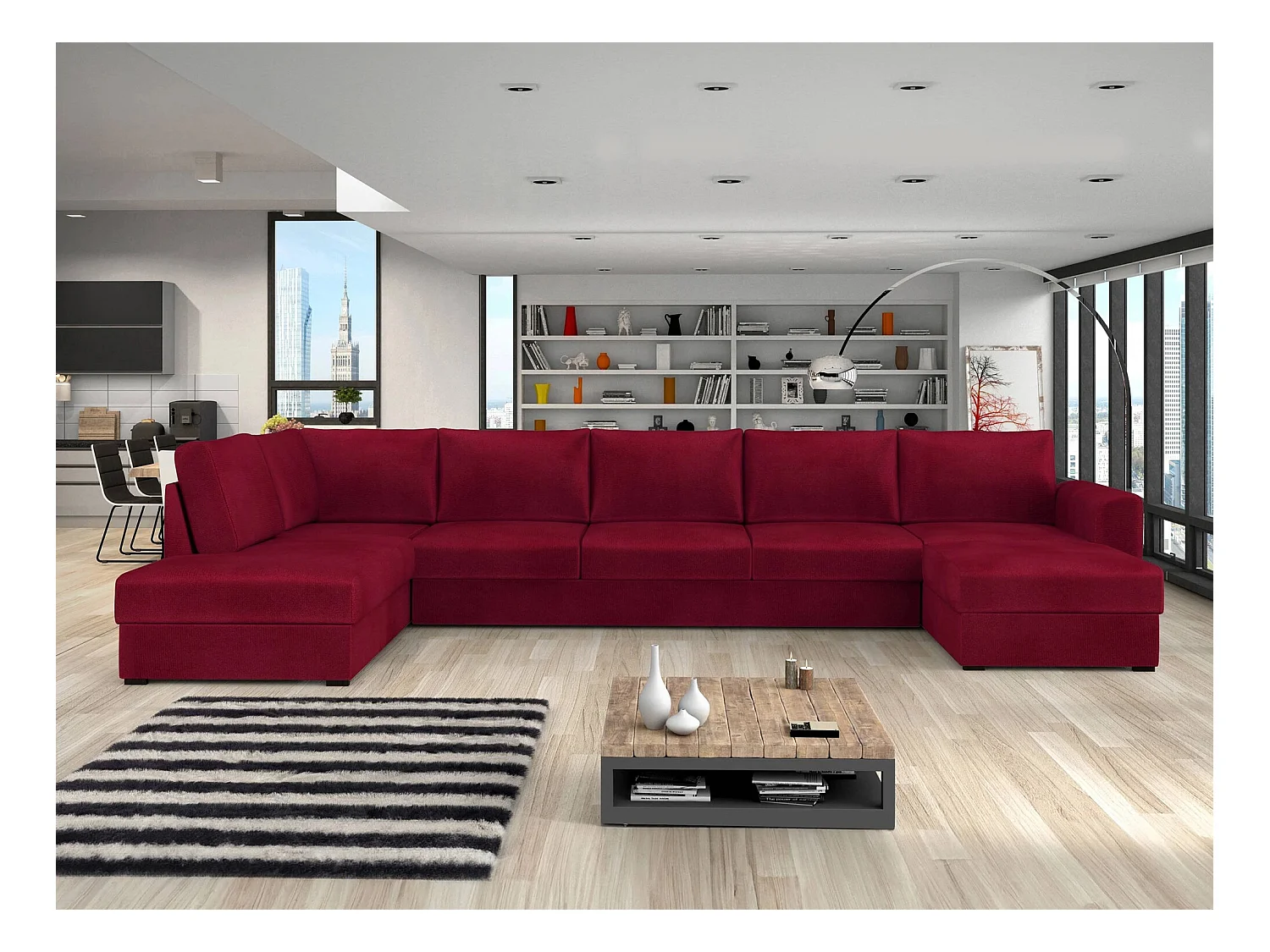 Canapé d'angle Comfivo 191, Rouge, Fonction de couchage, Boîte de literie, 370x186x85cm