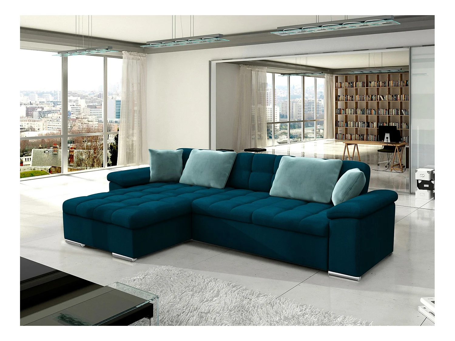 Canapé d'angle Comfivo 181, Turquoise, Fonction de couchage, Boîte de literie, 280x160cm