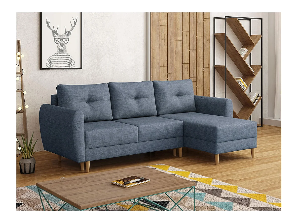 Canapé d'angle Muncie 105, Bleu, Fonction de couchage, Boîte de literie, 235x145x93cm