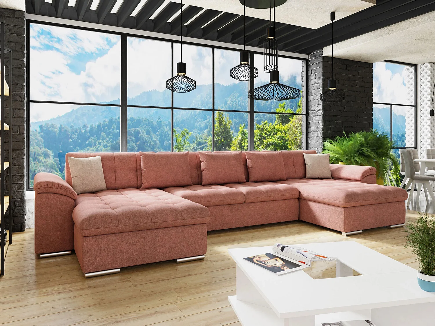 Sofá rinconero Comfivo 111, Rosa, Función de descanso, 375x155x76cm