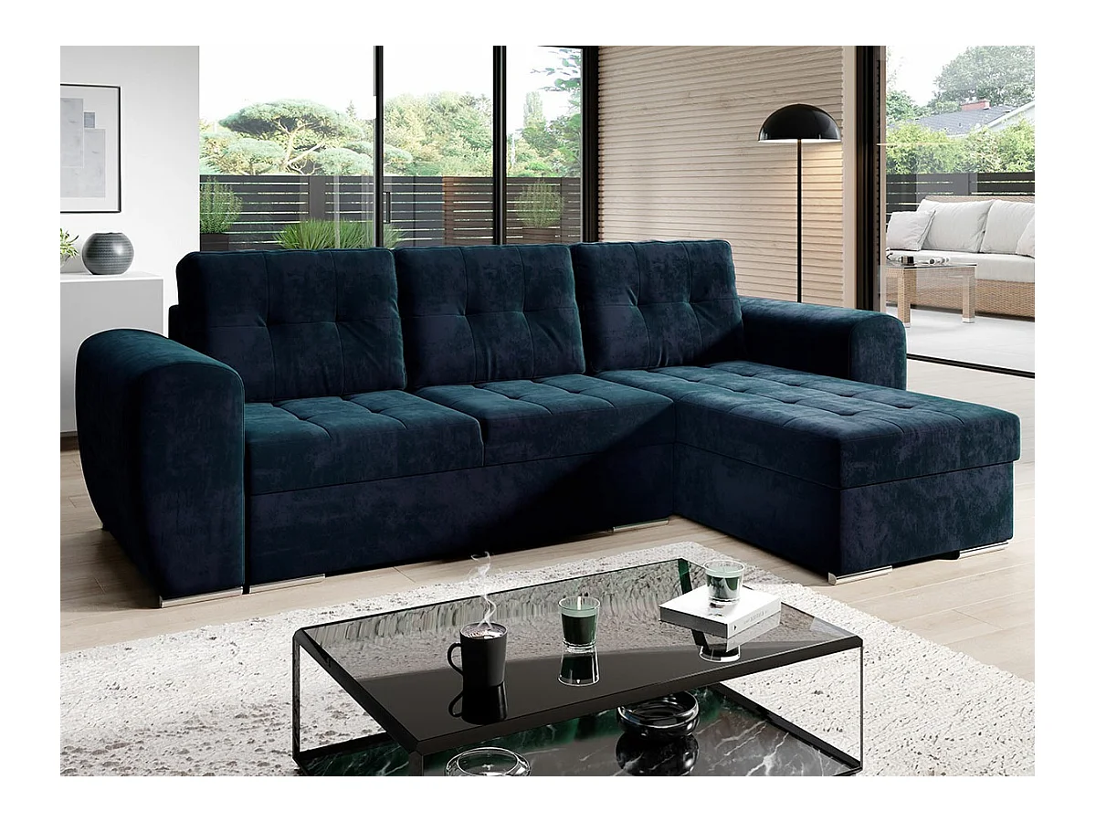 Canapé d'angle Muncie 109, Bleu, Fonction de couchage, Boîte de literie, 256x157x97cm
