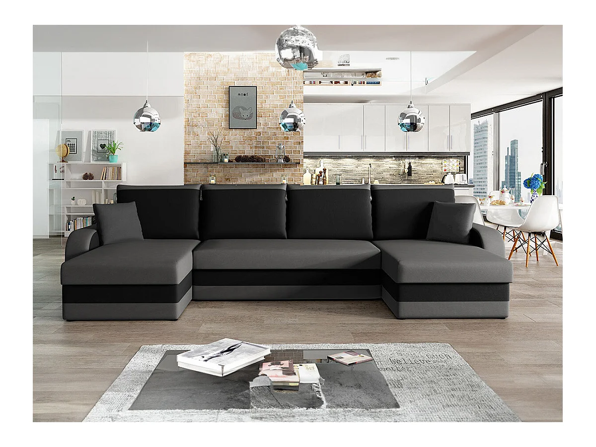 Canapé d'angle Comfivo 233, Noir, Fonction de couchage, Boîte de literie, 304x140x80cm