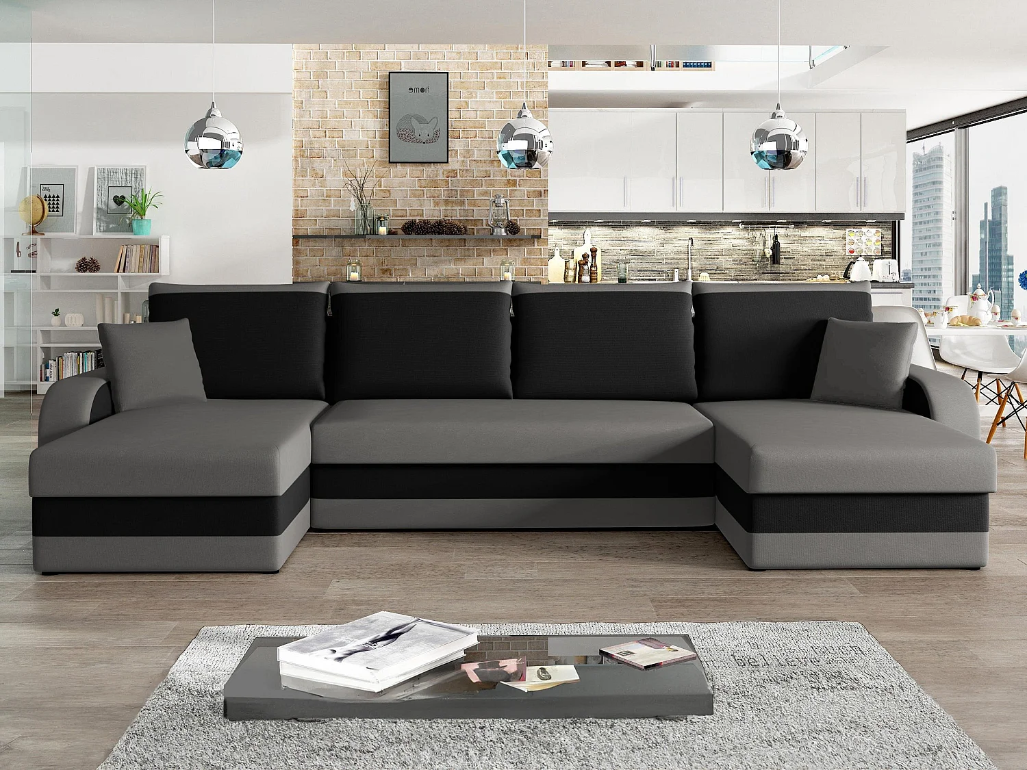 Canapé d'angle convertible 3 places en tissu noir