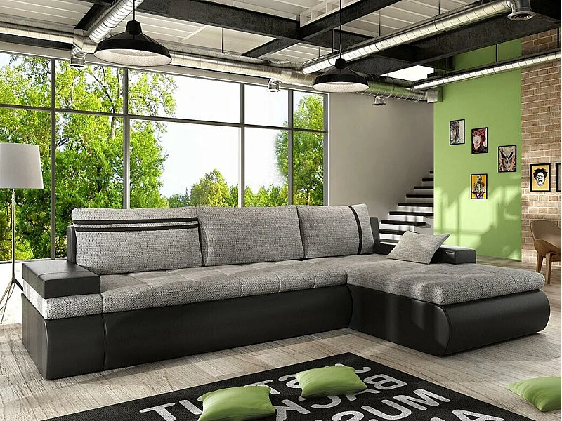 Canapé d'angle Temple 100, Gris, Fonction de couchage, Boîte de literie, 300x182x90cm