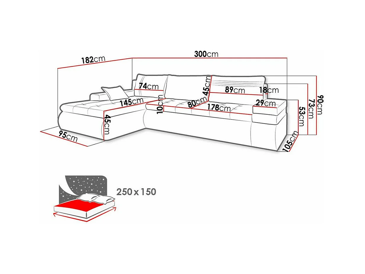 Sofá rinconero Temple 100, Gris, Función de descanso, Almacenaje, 300x182x90cm