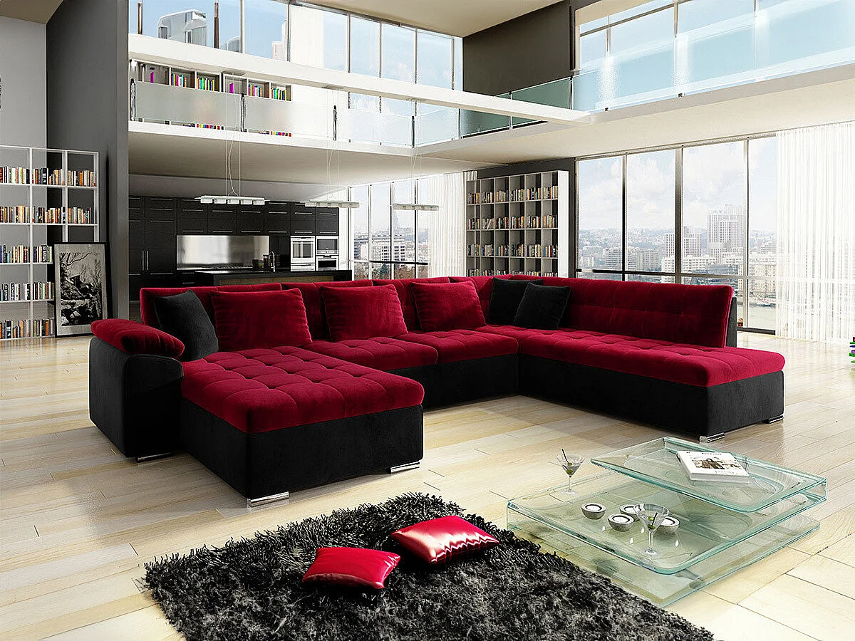 Sofá rinconero Comfivo 128, Rojo, Función de descanso, 348x205x76cm