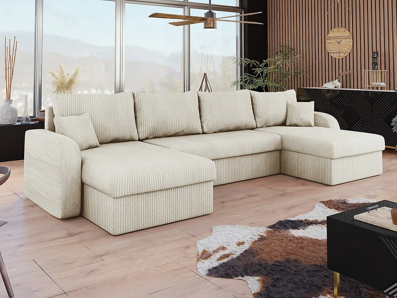 Canapé d'angle Comfivo Melissa II, Crème, Fonction de couchage