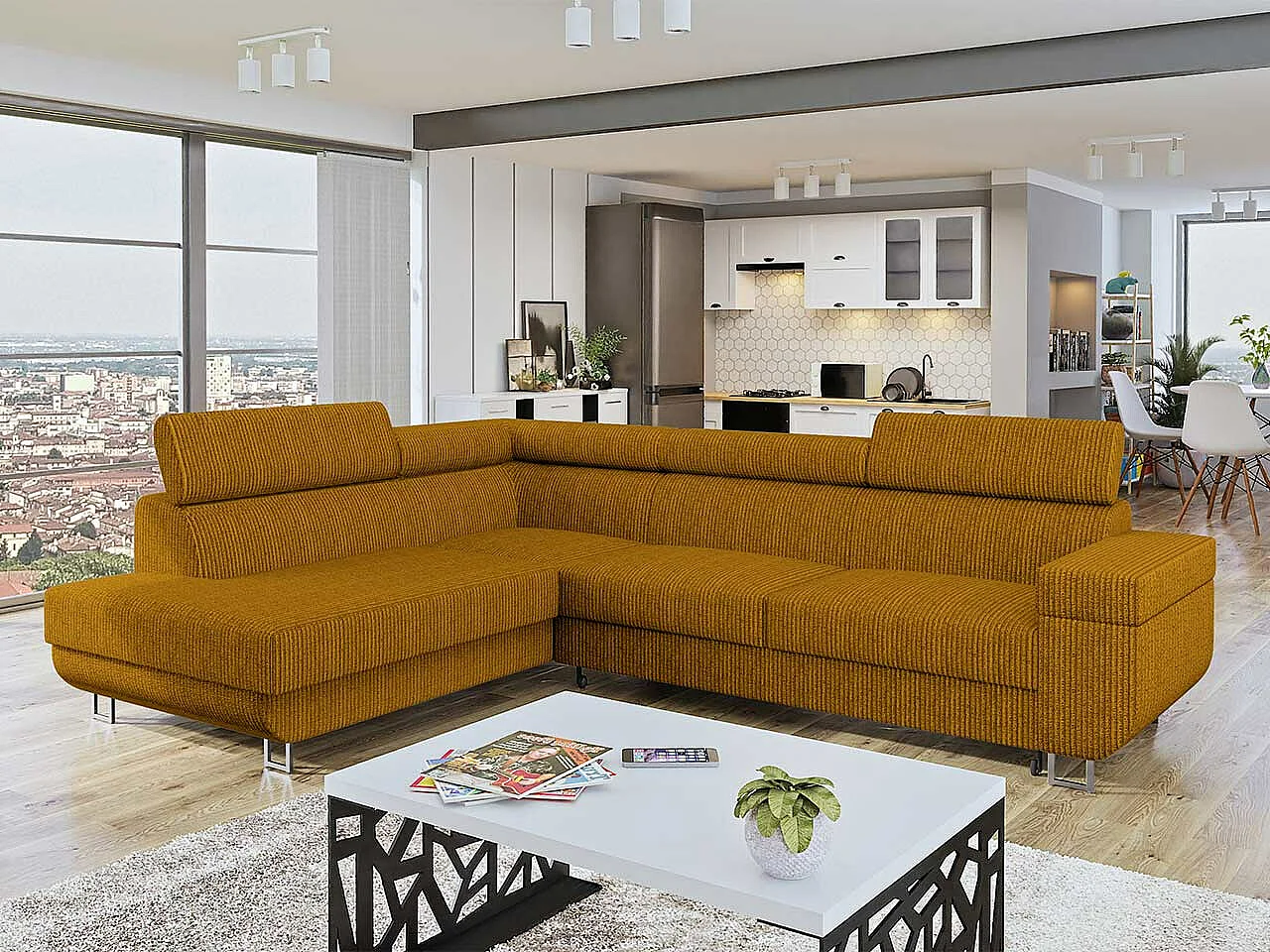 Canapé d'angle Comfivo 306, Jaune, Fonction de couchage, Boîte de literie, 253x188x71cm