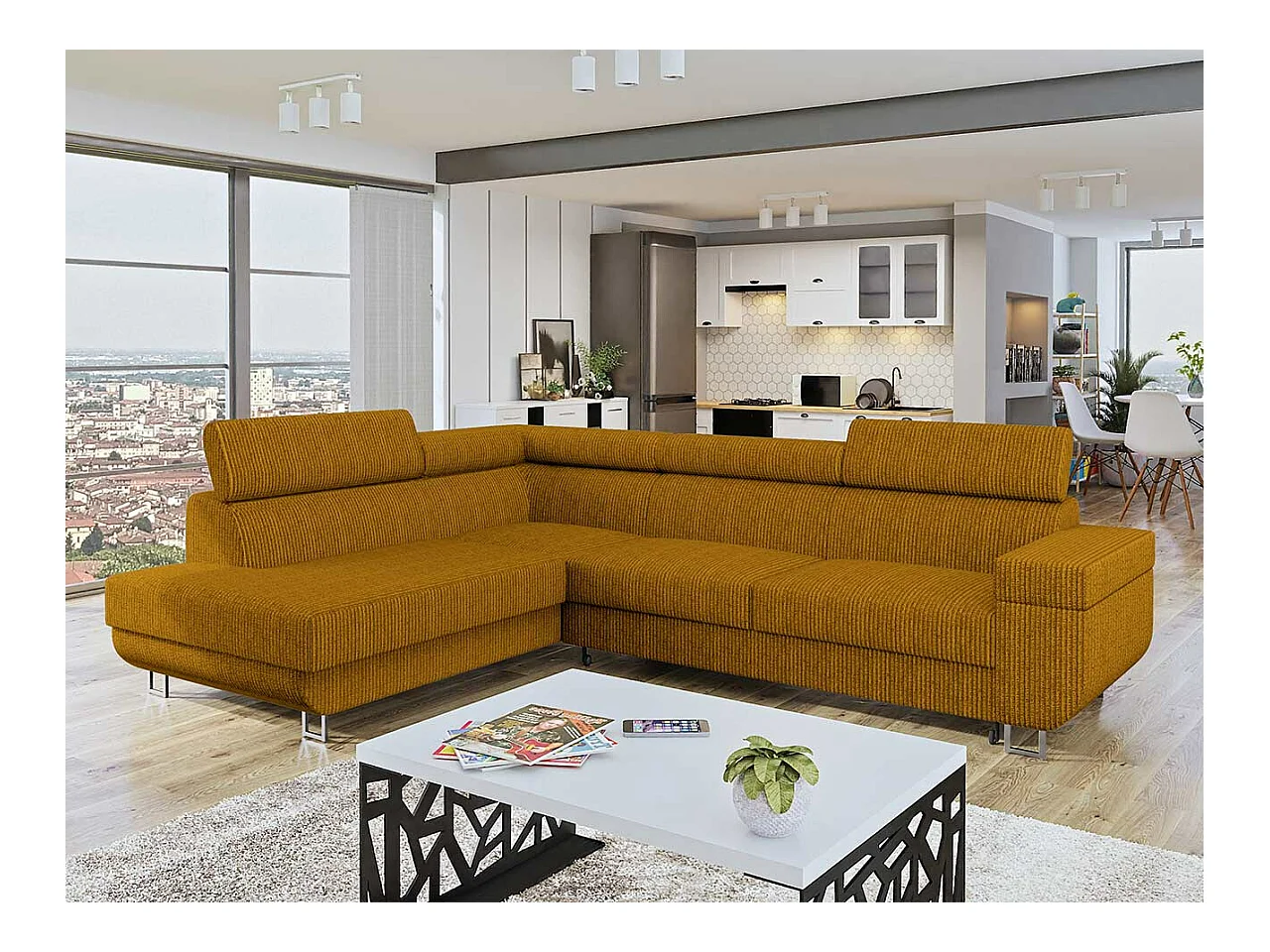 Canapé d'angle Comfivo 306, Jaune, Fonction de couchage, Boîte de literie, 253x188x71cm