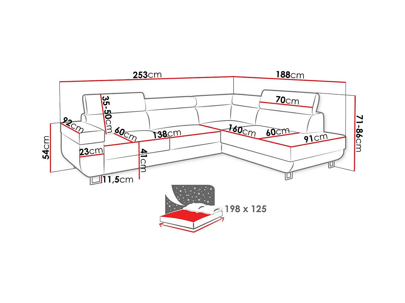 Ecksofa mit Schlaffunktion und Bettkasten - 253x188x71-86 cm - Poso 01 - Seite: Links - Fonti Cord