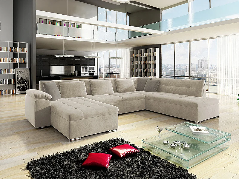 Sofá rinconero Comfivo 114, De color marrón claro, Función de descanso, Almacenaje, 348cm