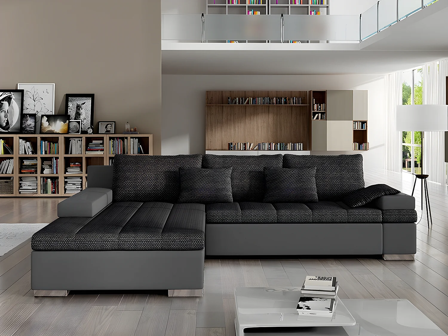 Sofá rinconero Comfivo 113, Gris, Función de descanso, Almacenaje, 310x175x83cm