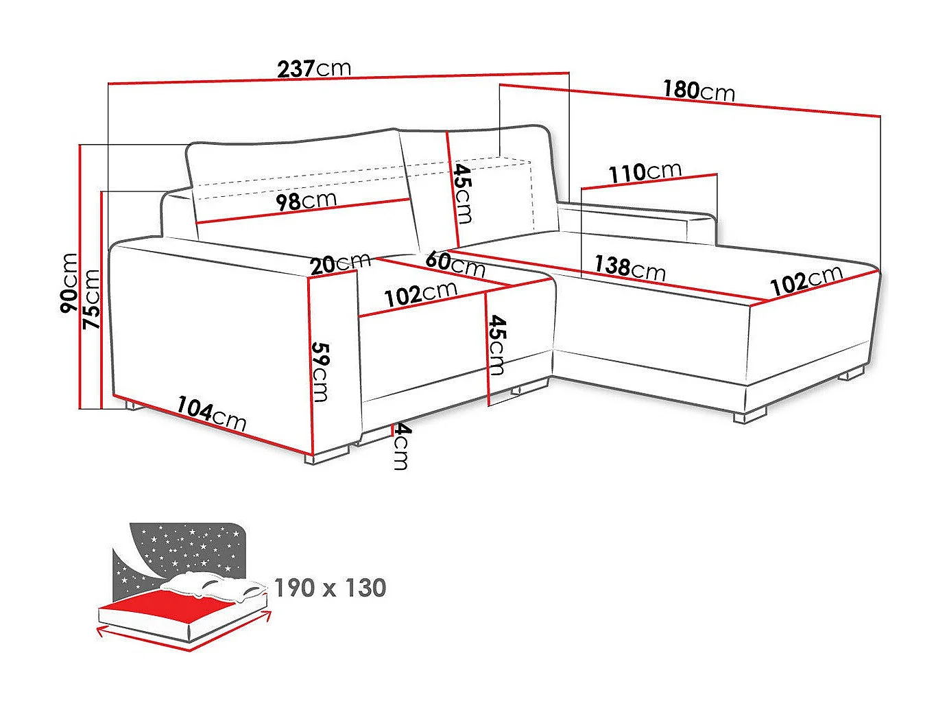 Canapé d'angle Columbus 204, Gris, Disponible, 237x180x90cm