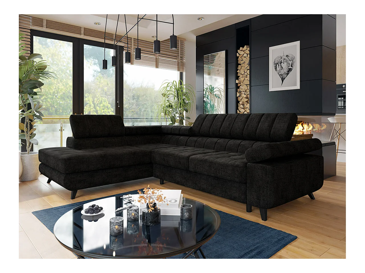 Canapé d'angle Comfivo 207, Noir, Fonction de couchage, Boîte de literie, 264x203x73cm