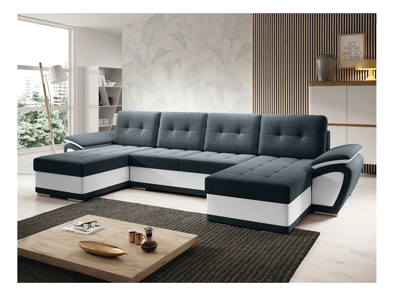 Canapé d'angle Arvada 115, Bleu, Fonction de couchage, Boîte de literie, 336x157x97cm