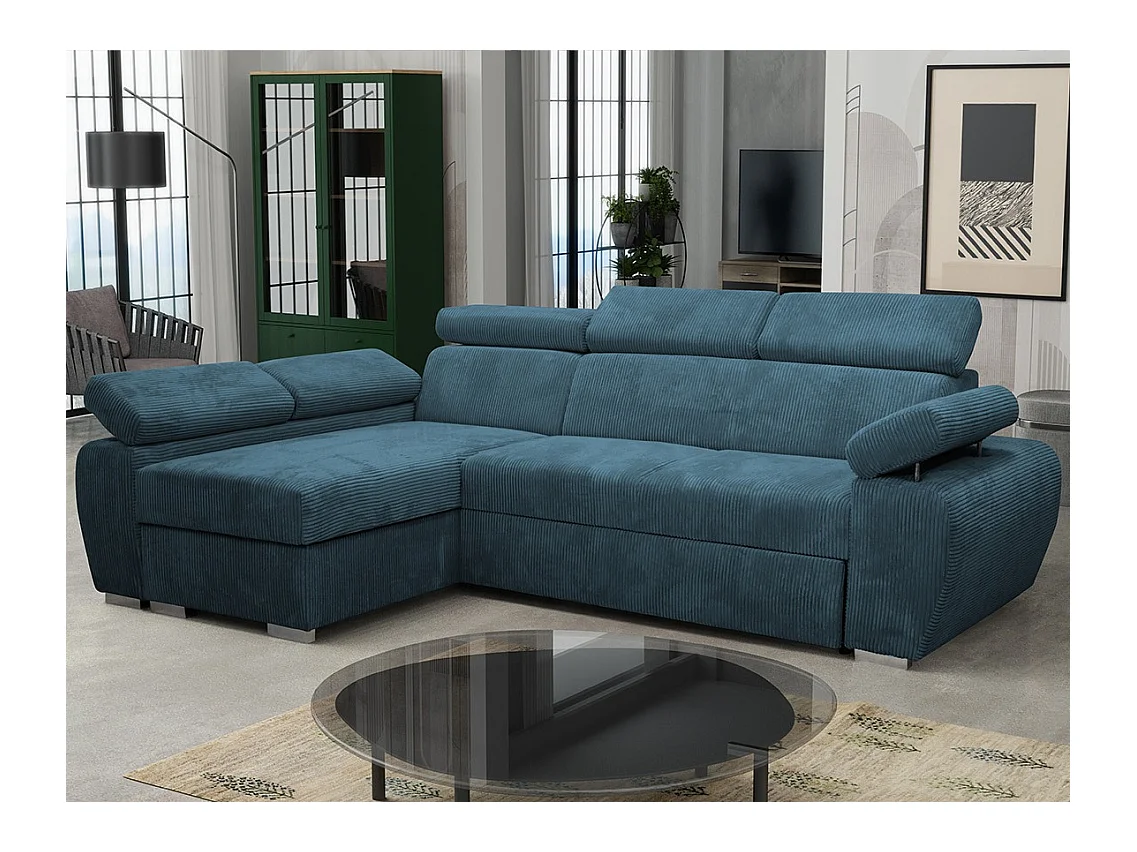 Canapé d'angle Columbus 192, Bleu, Fonction de couchage, Boîte de literie, 255x170x85cm