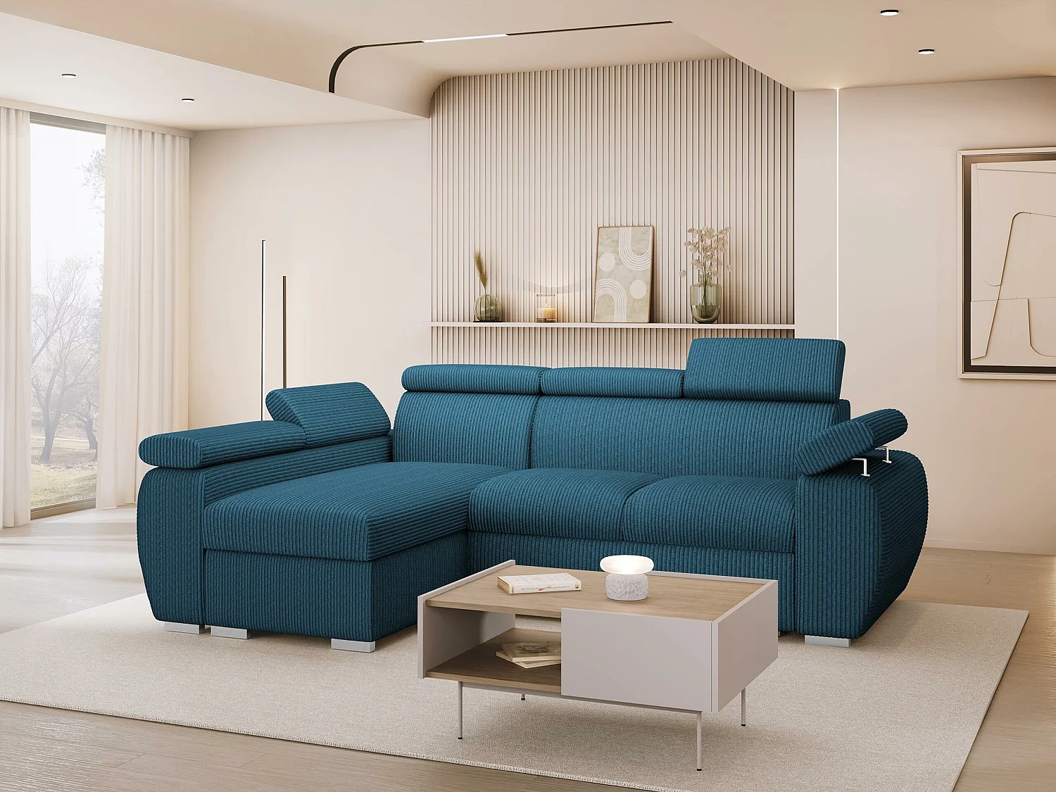 Canapé d'angle Columbus 192, Bleu, Disponible, 255x170x85cm