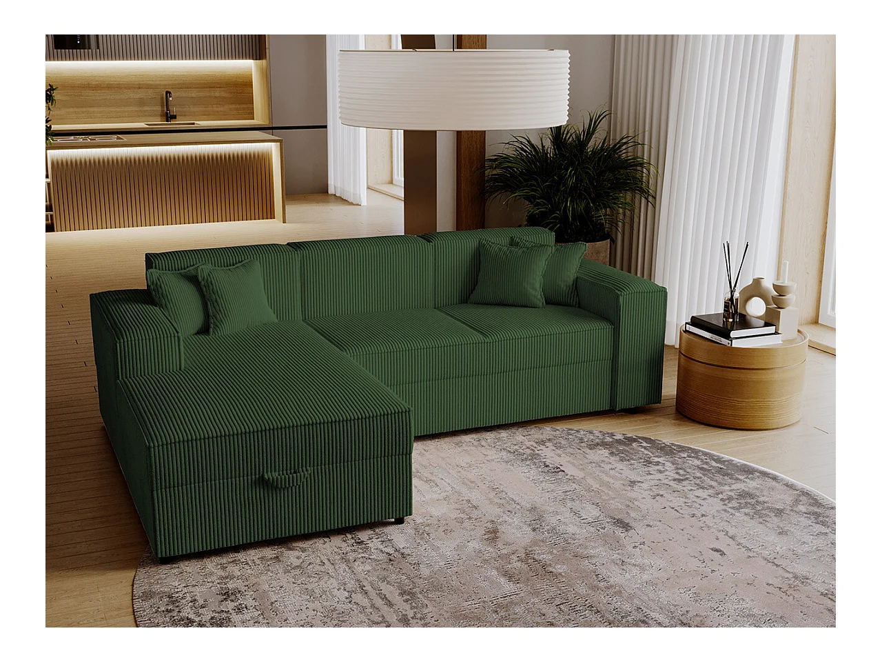 Canapé d'angle Clovis 116, Vert, Fonction de couchage, Boîte de literie, 253x166x79cm